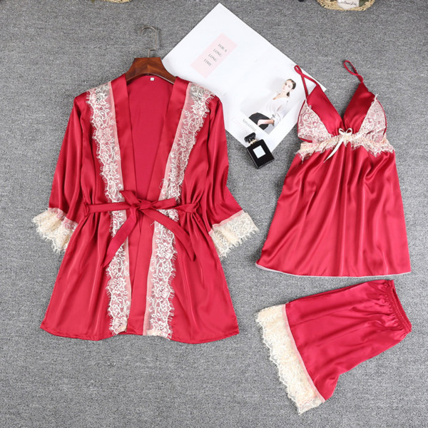 3 STK Damspets Casual Robes & Camisole Toppar & Shorts Hem Set Red M