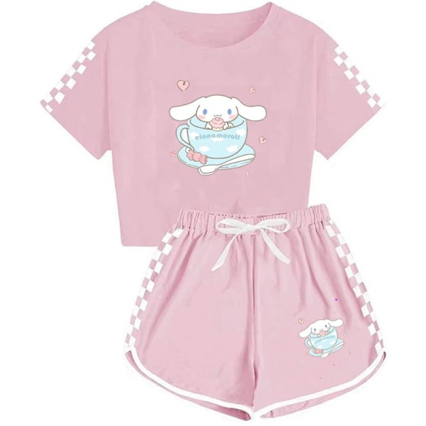 Barn Flickor Tecknad Cinnamoroll Print Kortärmad T-shirt + Shorts Pyjamas Set Pink 160cm
