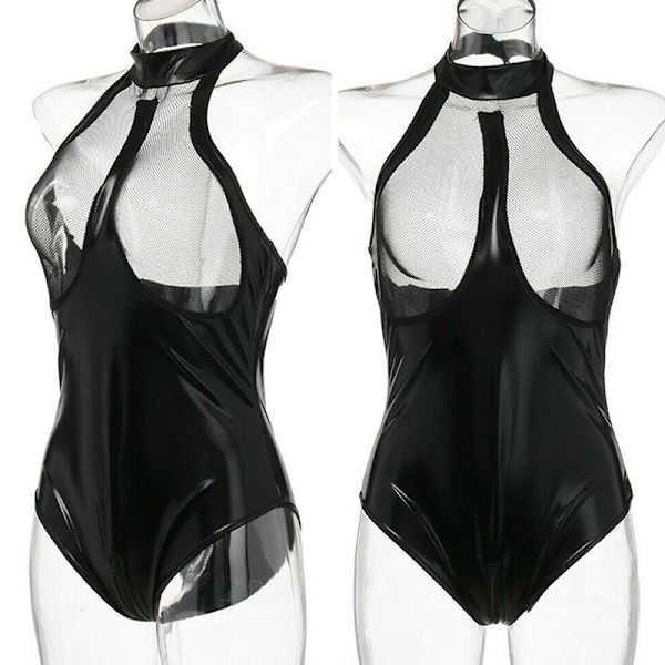 Kvinnlig sexig underkläder lackläder dagg transparent sexig Bodysuit L