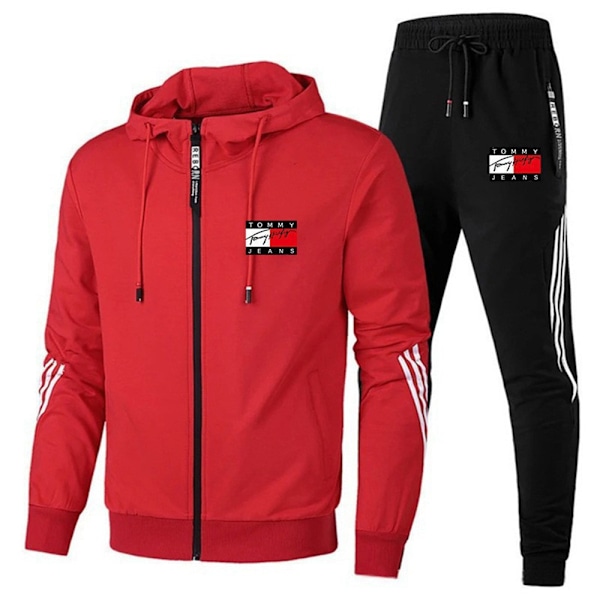 Herr \"TommyHilfiger\" Tryckt Träningsoverall Set Dragkedja Huvtröja Jacka Joggers Byxor Sportkläder Outfit Aktivkläder M-3XL Red L