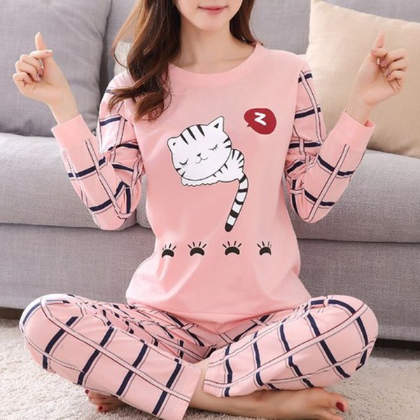 Kvinnors långärmade toppar och byxor söt tecknad nattkläder pyjamasdräkt long tail cat M