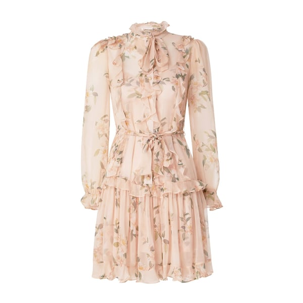 Dam Bow Tie Blommig Volang Mini Klänning Långärmad Snörning Elegant Festklänning M