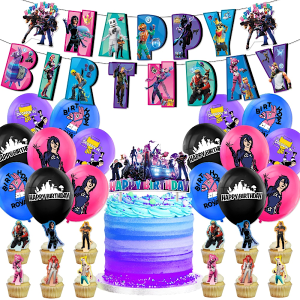 Fortni-te 5 Tema Födelsedagsfest Dekoration Ballonger Banner Tårta Toppers Kit