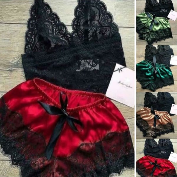 Kvinnors sexiga underkläder spets crop tops & shorts pyjamas underkläder red M