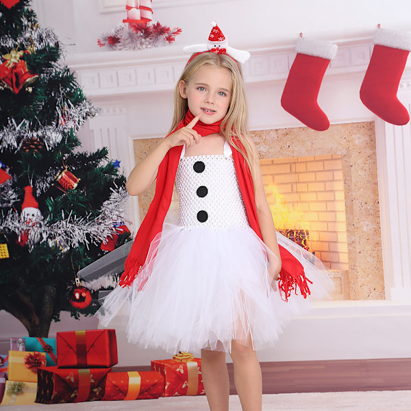 3 kpl Joulun valkoinen lumiukko tutu mekko hiuspanta + huivi asu 90CM