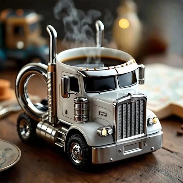 Handgjord Lastbilskaffemugg, 33 cl Semitrailerformad Kaffekopp, Unik Gåva För Kaffe- och Lastbilsälskare Silver 11x8x12cm