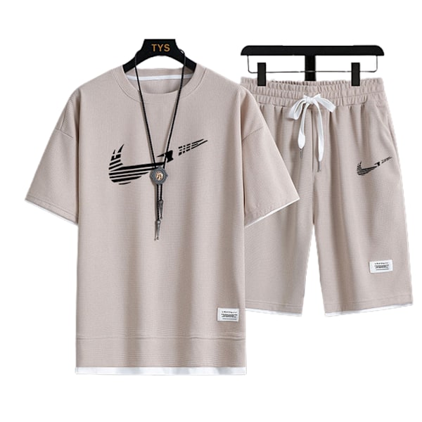 Herr Sommar Casual Kortärmad Loungewear Träningsoverall T-shirts Shorts Aktivkläder Jogging Sportkläder Nikes Outfits Khaki-Black M