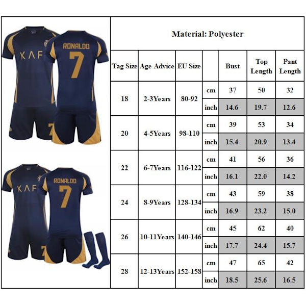 Fotbollströja för barn, 2024-2025 Al-Nassr FC Victory Bortatröja NO.7 Ronaldo Fotbollsuniform 18