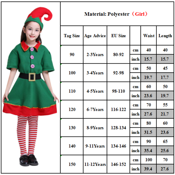 Jultomte vuxen barn tomtenisse kostymhjälpare utklädningskläder familjefest cosplay Girls 3-4 Years