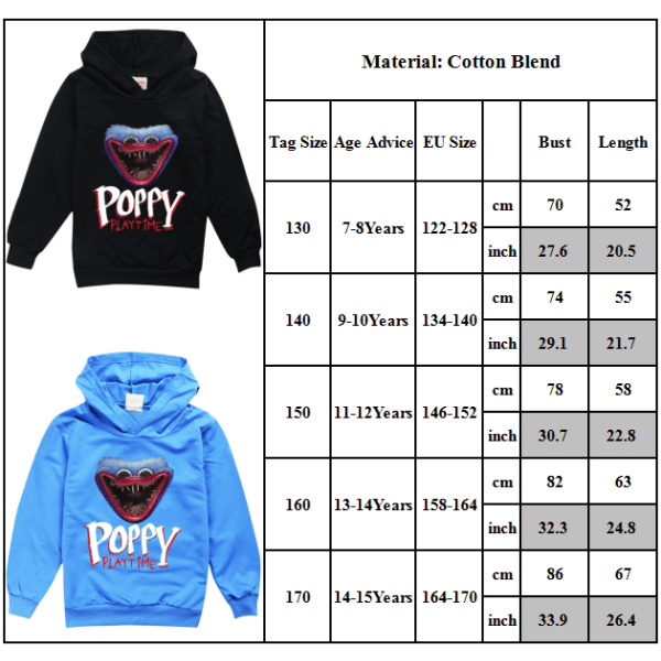 Poppy playtime 3D- printed hoodie casual trend söt för barn dark bule 160cm