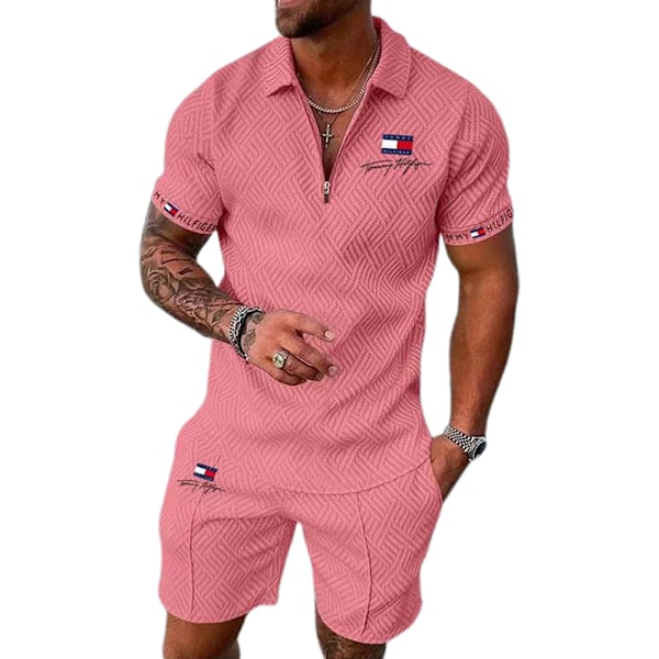 TomyHilfiger Herr Casual Set Sportkläder Gym Set Mode Casual Kortärmad T-shirt Shorts Set Pink L