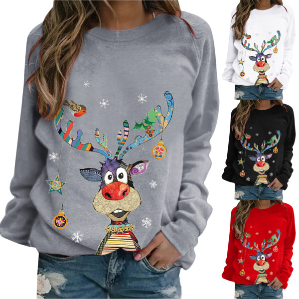 Damer Jul Älg Långärmad T-shirt Pullover Jumper Topp grey L