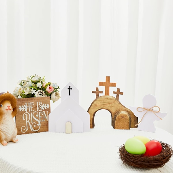 4 stk. Påske Tom Grav Jesus Dekor Tre Julekrybbe Sett Oppstandelse Religiøs Gårdshus Statue Han er Oppstanden Skilt Lagdelt Brett Ornament
