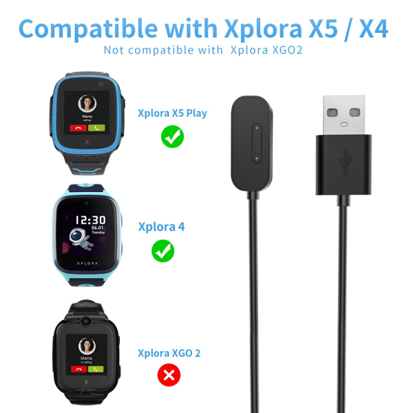 Magnetisk USB-oplader til Xplora X4, Xplora X5, Xplora X5 Play Black  2PCS