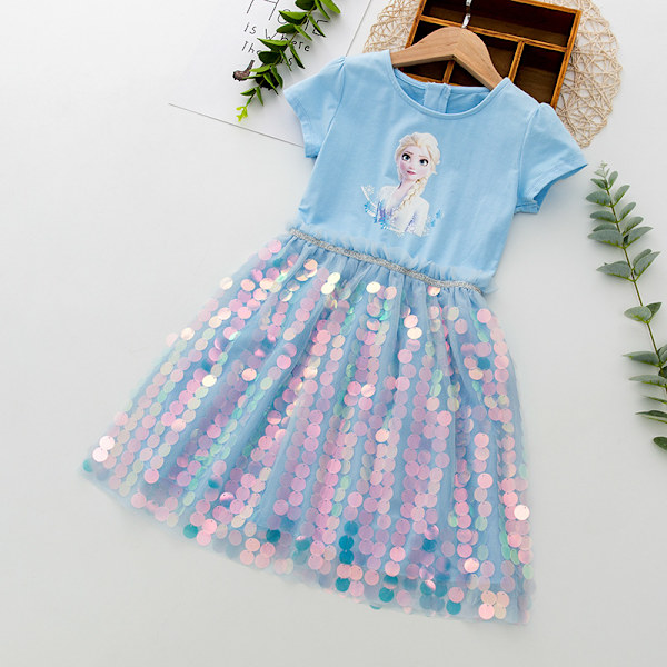 Barn Flickor Frozen Elsa Kortärmad Prinsessa Paljettklänningar Festklänning Födelsedagsbalklänning Blue 100cm