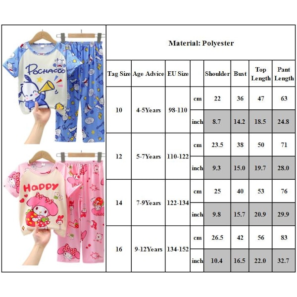 Kids Girls Sanrio Melody Kuromi Pochacco Pyjamas Kortärmad T-shirt Byxor Set D 7-9Years