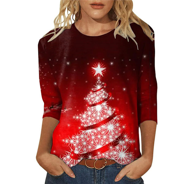 Jule Santa Elk 3/4 Erme T-skjorte Casual Rund Hals Bluse C M