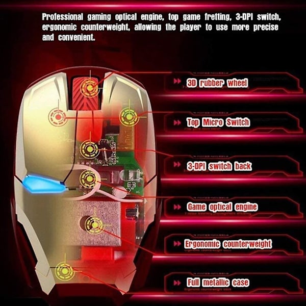Portabel 24G Ergonomisk Trådlös Mus Mobil Iron Man Datorspelmöss Gold