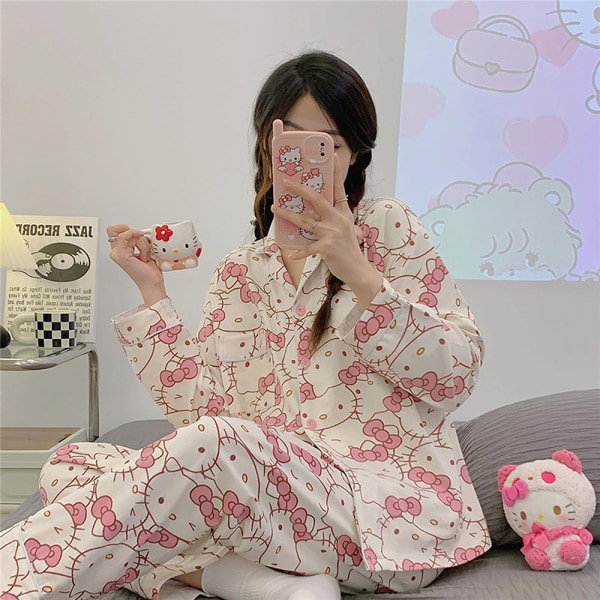 Kvinnors tecknade pyjamas set nattkläder långärmad skjorta byxor M