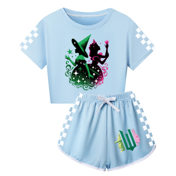 Flickor Häxa Tryck Träningsdräkt Söt Tecknad Anime Kortärmad T-shirt + Shorts Set Vardaglig Sport Outfit Kläder Light Blue 160cm
