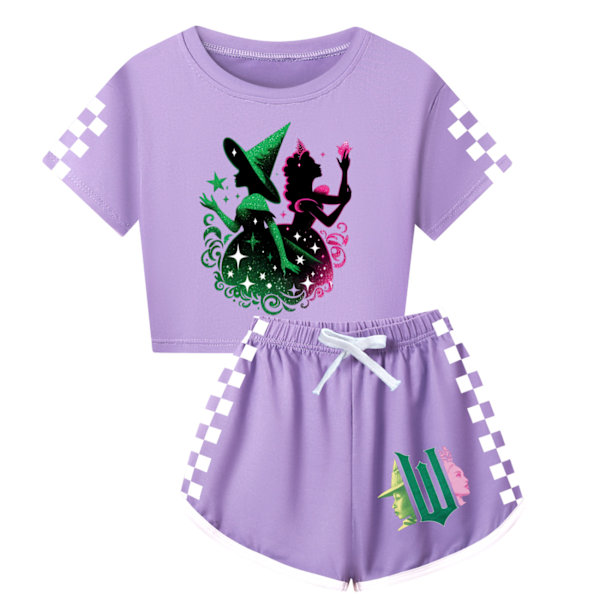 Flickor Häxa Tryck Träningsdräkt Söt Tecknad Anime Kortärmad T-shirt + Shorts Set Vardaglig Sport Outfit Kläder Purple 150cm