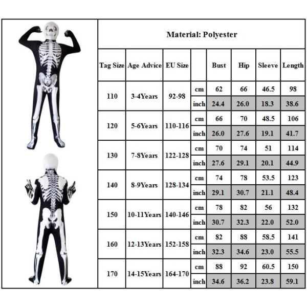 Barn Skelett Kostymer Halloween Läskig Overall för Flickor Pojkar 160cm