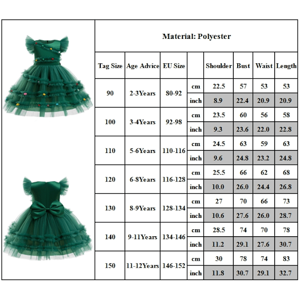 Julklappsklänning för flickor med rosett och nättyg, Tutuskjort, Julprinsessklänning 150cm