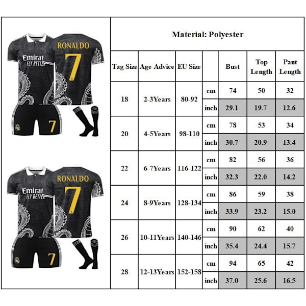 Fodboldtrøjesæt til børn, 23-24 Real Madrid nr. 7 Ronaldo fodboldtræningsuniform 18