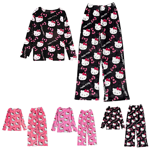 Dam Pyjamas Set med Långärmad Tröja och Byxor Hello Kitty Söta Loungewear Black Pink M