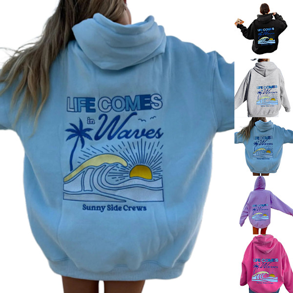 Dam Fashion Lös Casual Sweatshirt Hoodie Långärmad Pullover Topp Light Blue L