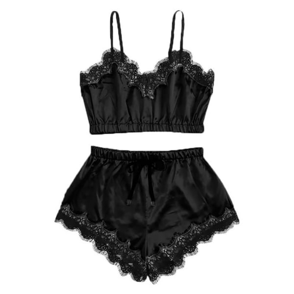 Kvinnor Sexiga Underkläder Silkeslen Spets Sling Crop&Shorts Pyjamas Night black S