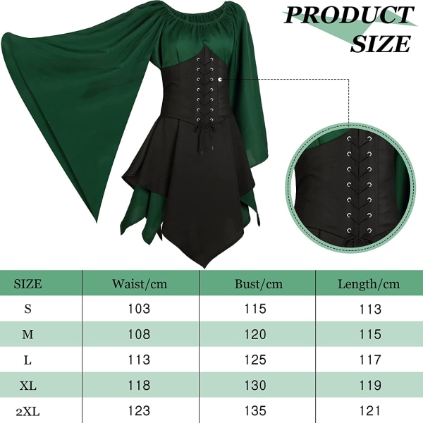 Renässans medeltida klänning karneval klänning maskerad bal green+black 3XL