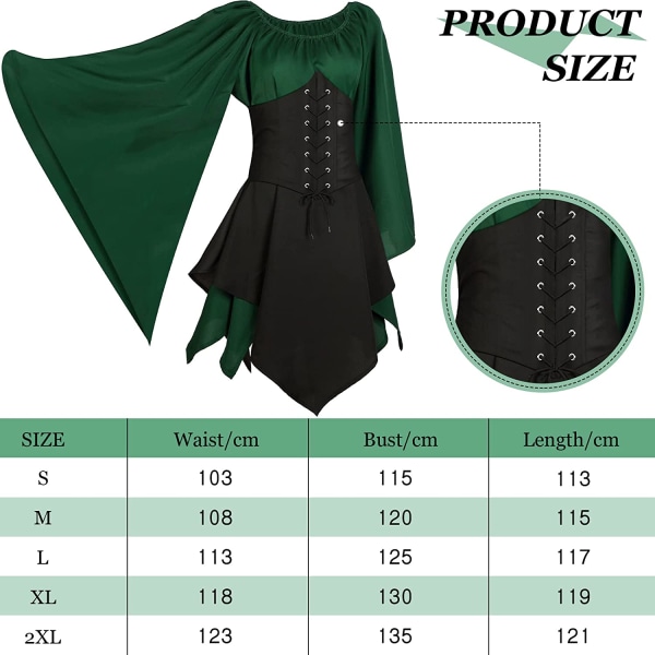 Renässans medeltida klänning Karnevalsklänning maskeradbalsfest green+black 3XL