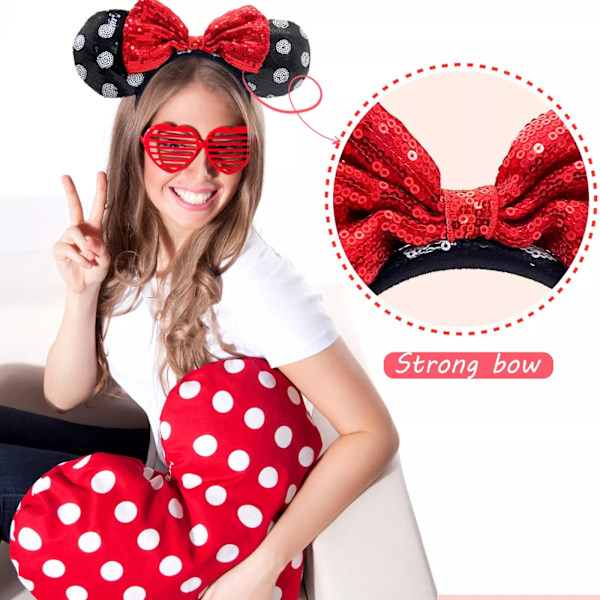 Minnie Mouse Ører Hårbøjle Paillet Øre Rød Sløjfe Polka Dot Hårbånd Udklædning