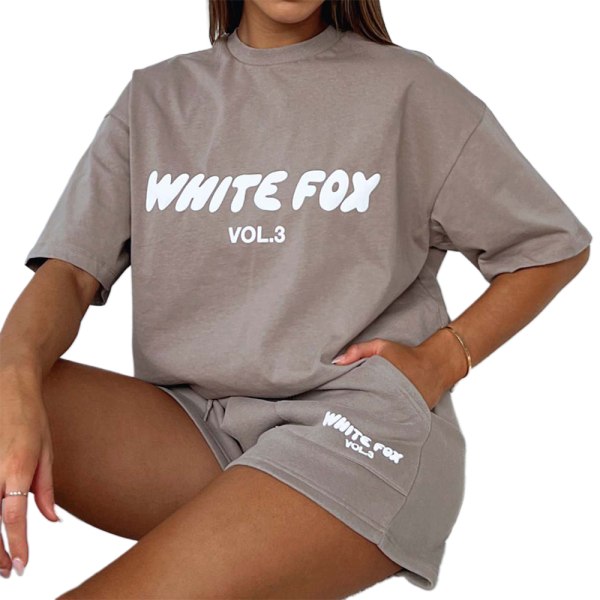 Dam Vit Fox Print T-Shirt Shorts Loungewear Casual Träningsoverall Set Brown M