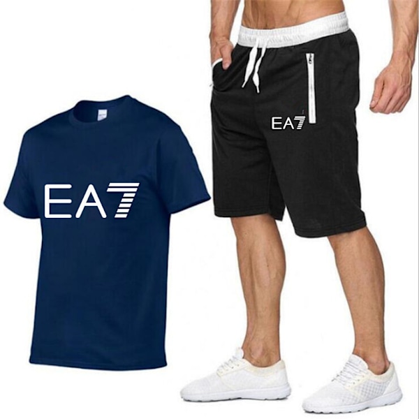 Sommar Herr T-shirt Shorts Set EA7 Sports Kortärmad Shorts Casual Tee Toppar B XL