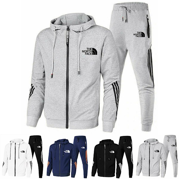 Herr \"The North Face\" Tryckt Träningsoverall Set Dragkedja Huvtröja Jacka Joggers Byxor Sportkläder Outfit Aktivkläder S-3XL Light Grey M