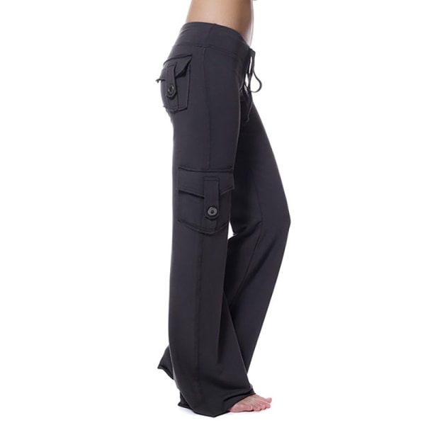 Kvinnor Hög Midja Knapp Lös Fickor Pilates Stretch Yoga Byxor black 2XL