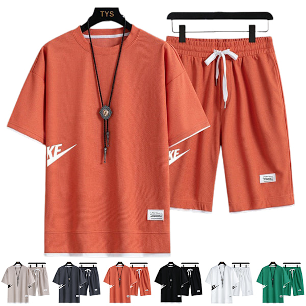 Herr Sommar Casual Kortärmad Loungewear Träningsoverall T-shirts Shorts Aktivkläder Jogging Sportkläder Outfits Orange XL