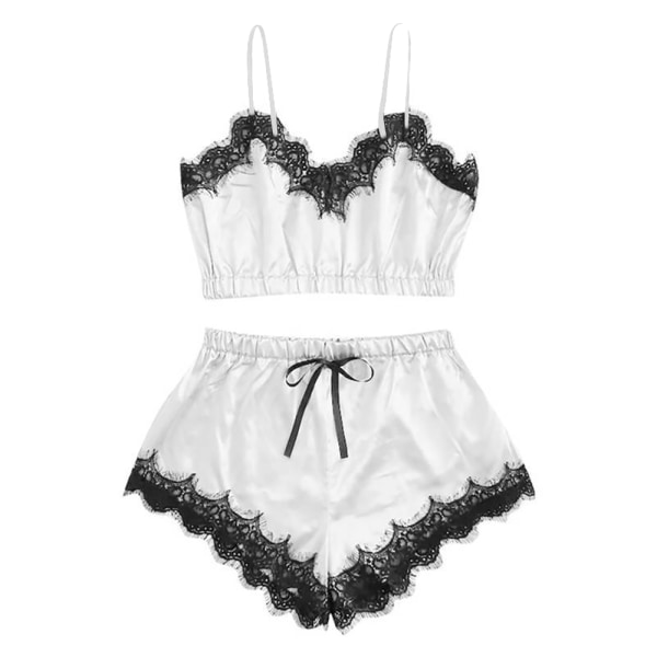 Kvinnor Sexiga Underkläder Silkeslen Spets Sling Crop&Shorts Pyjamas Night white M