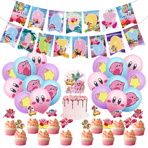 Kirby Cartoon Ballong Födelsedag Banner Tårta Topper Dekor Fest Tillbehör Kit Set