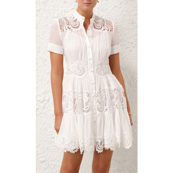 Hvit Blonde Mini Skjortekjole Knapper Kort Erm Sommerkjole for Damer White M