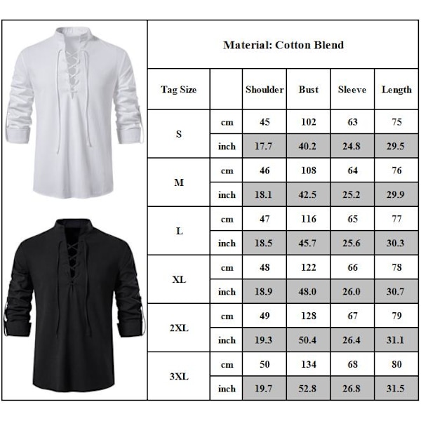 Miesten merirosvopaita, nauhallinen, pitkähihainen, pystykaulus T-paita white 2XL