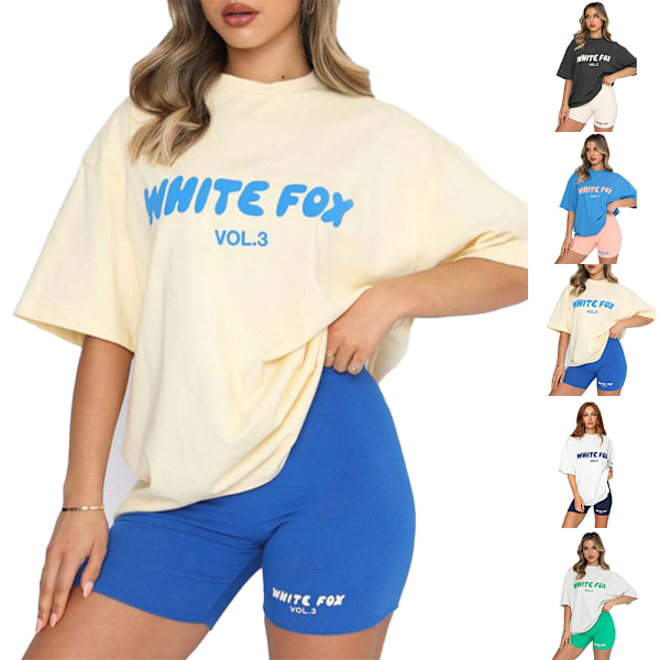 Women Summer WhiteFox Boutique Kortärmad T-Shirt Shorts Träningsoverall / Tee Tops Shorts Set Royal Blue+Pink Pants M