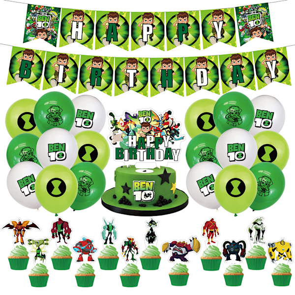 Ben 10 -teemainen Hyvää syntymäpäivää -banneri, riippuva viirinauha, koristeet, ilmapallot, juhlakoristeet