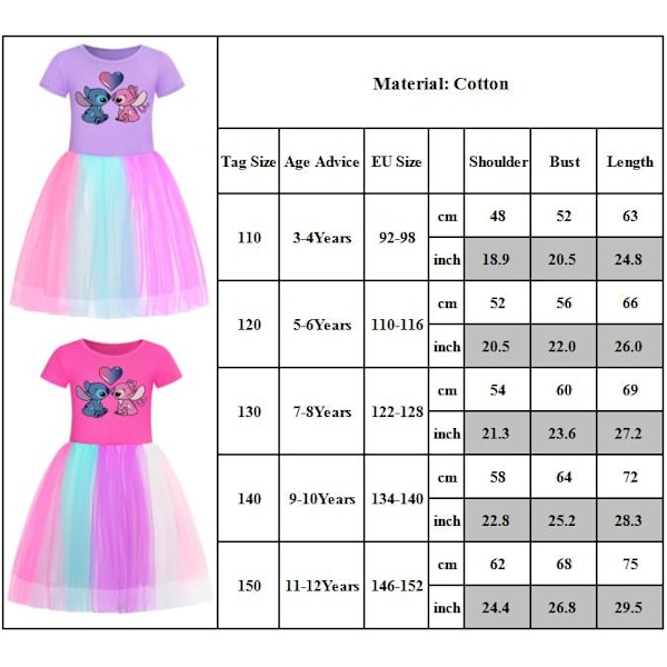 Barn Flickor Stitch Kortärmad Prinsessfestklänning Födelsedagsbalklänning Regnbågsklänningar Pink 120cm