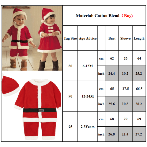 Jultomte Cosplay Kostym Barn Romper Jumpsuit Klänning Hatt Outfit Boy 90cm