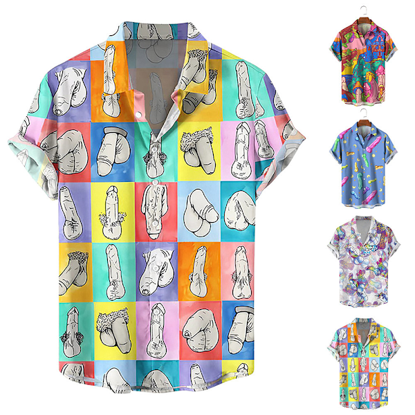 Herrar Knapp-Down Skjortor Roliga Tryckta Hawaiiska Strand Toppar B XL