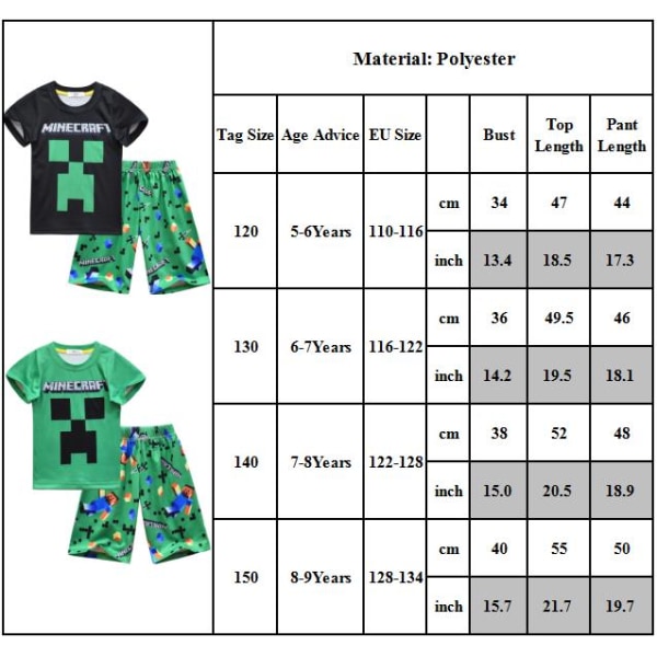 Minecraft barn kortärmad T-shirt Shorts Lös pyjamas Sommar green 150cm
