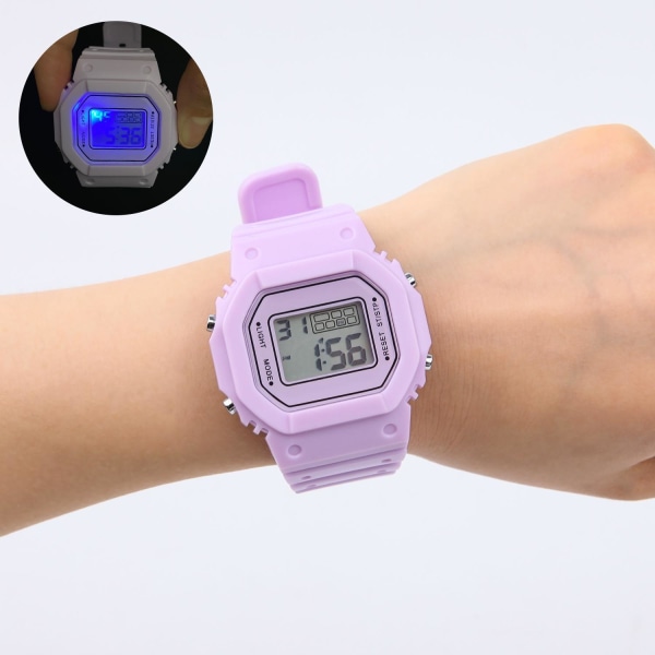 Barnklocka digital lila armbandsklocka med LED belysning klocka Lila